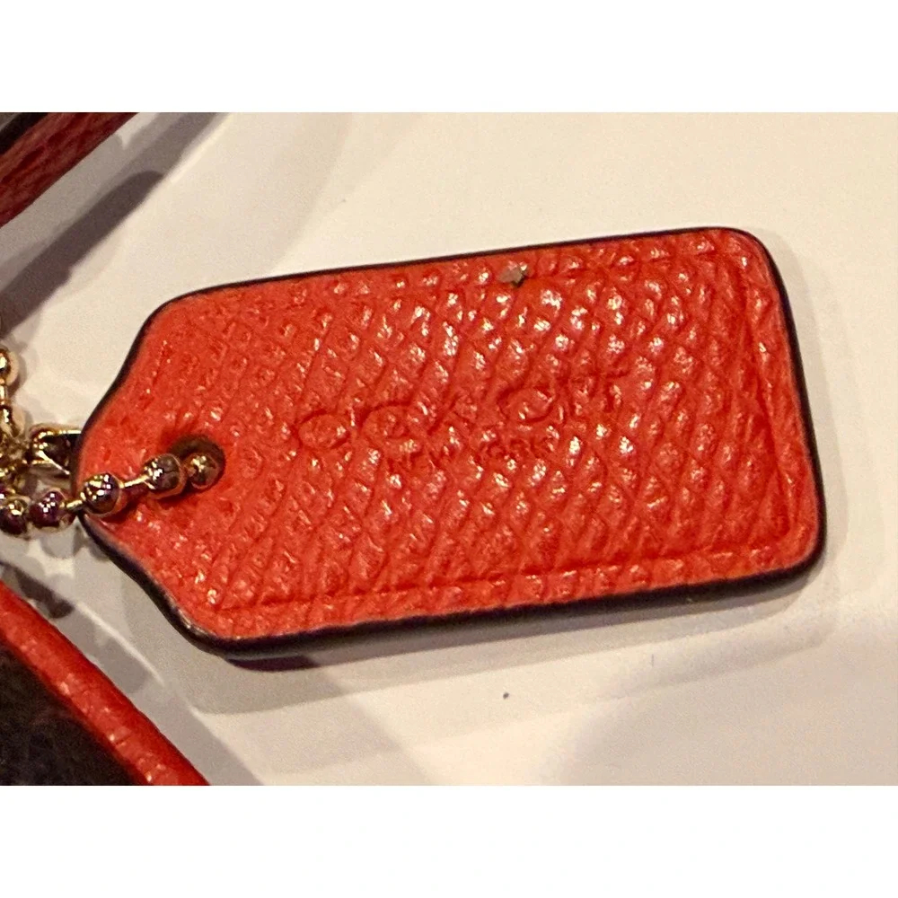 Coach Signature Brown and Orange Stripe Corner Zip Wristlet Small Bag